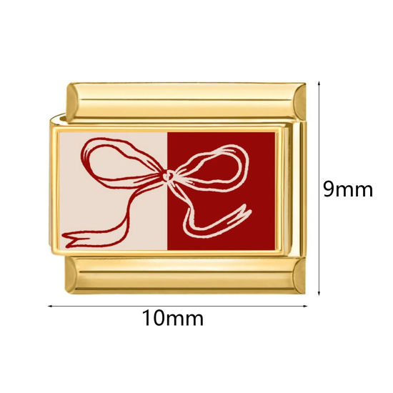Picture of 304 Stainless Steel Italian Charm Links For DIY Bracelet Jewelry Making Gold Plated Red Rectangle 10mm x 9mm