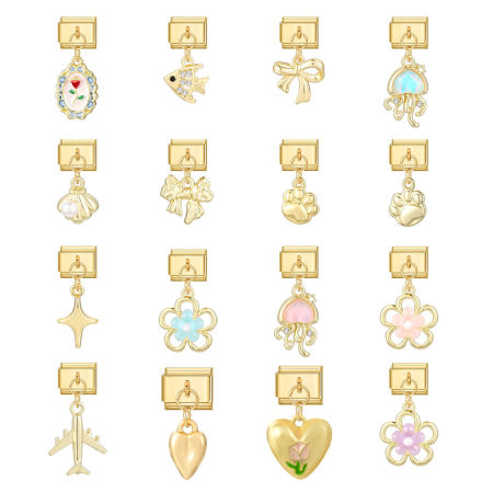 Bild von 1 Stück 304 Edelstahl Charm-Armband mit italienischen Gliedern zur Herstellung von DIY-Schmuck Großhandel Vergoldet Rechteck Blumen 10mm x 9mm
