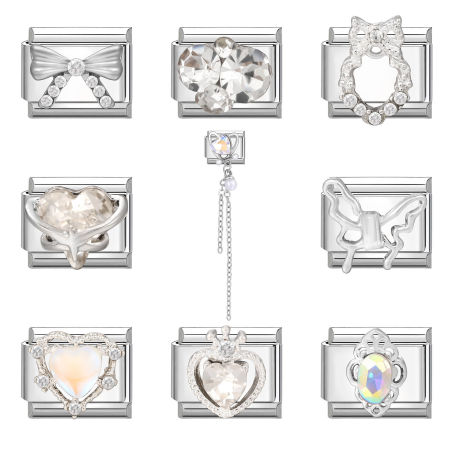 Picture of 304 Stainless Steel Italian Charm Links For DIY Bracelet Jewelry Making Wholesale Silver Tone Rectangle Heart Clear Rhinestone 10mm x 9mm
