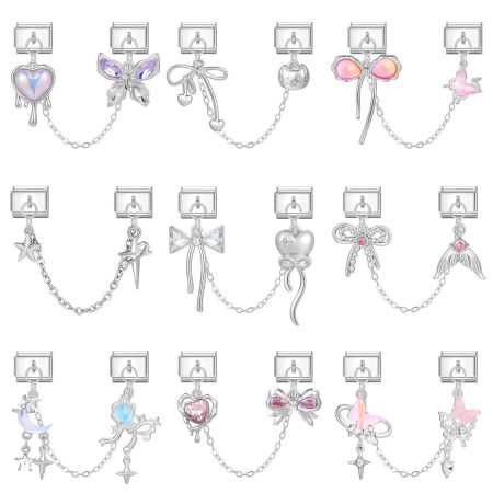 Picture of 304 Stainless Steel Stylish Italian Charm Links For DIY Bracelet Jewelry Making Wholesale Silver Tone Rectangle Bowknot 10mm x 9mm