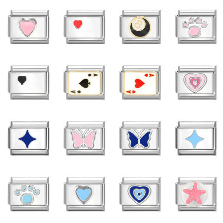 Picture of 304 Stainless Steel Stylish Italian Charm Links For DIY Bracelet Jewelry Making Wholesale Silver Tone Rectangle Enamel 10mm x 9mm