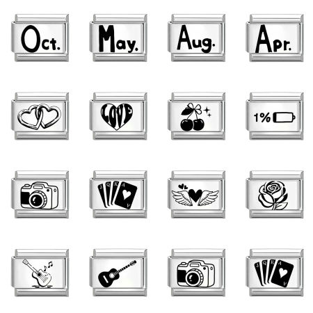Picture of 304 Stainless Steel Stylish Italian Charm Links For DIY Bracelet Jewelry Making Wholesale Silver Tone Black Rectangle Word Message 10mm x 9mm