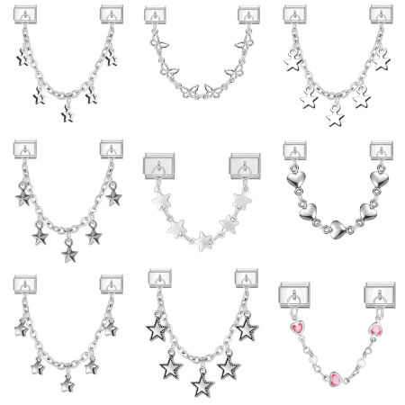 Immagine di 1 Set 304 Acciaio Inossidabile Elegante Bracciale con Charm Italiano a Maglie, Creazione di Gioielli Fai-da-te All'Ingrosso Tono Argento Rettangolo Stella a Cinque Punte 10mm x 9mm