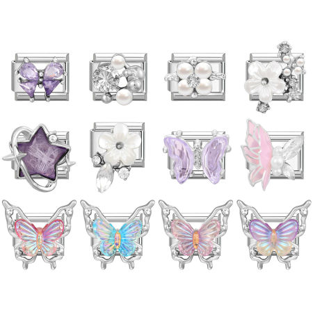Bild von 304 Edelstahl & Zinklegierung Italienische Charm-Links für die DIY-modulare Armbanduhr-Schmuckherstellung Großhandel Silberfarbe Rechteck Schmetterling Imitat Perle 10mm x 9mm