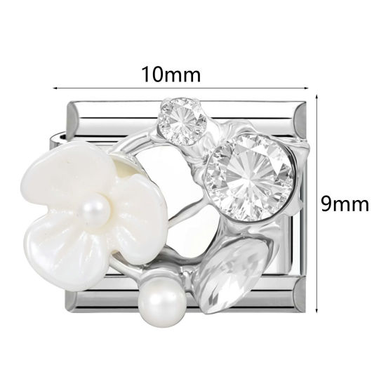 Bild von 304 Edelstahl & Zinklegierung Italienische Charm-Links für die DIY-modulare Armbanduhr-Schmuckherstellung Großhandel Silberfarbe Rechteck Schmetterling Imitat Perle 10mm x 9mm