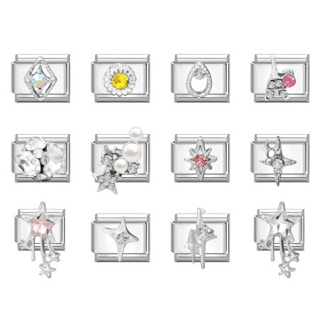 Picture of 304 Stainless Steel & Zinc Based Alloy Italian Charm Links For DIY Modular Bracelet Watch Jewelry Making Wholesale Silver Tone Rectangle Star 10mm x 9mm