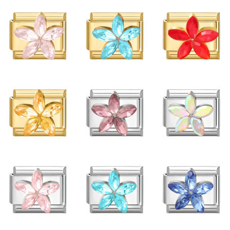 Bild von 304 Edelstahl & Zinklegierung Italienische Charm-Links für die DIY-modulare Armbanduhr-Schmuckherstellung Großhandel Rechteck Blumen Bunt Strass 10mm x 9mm