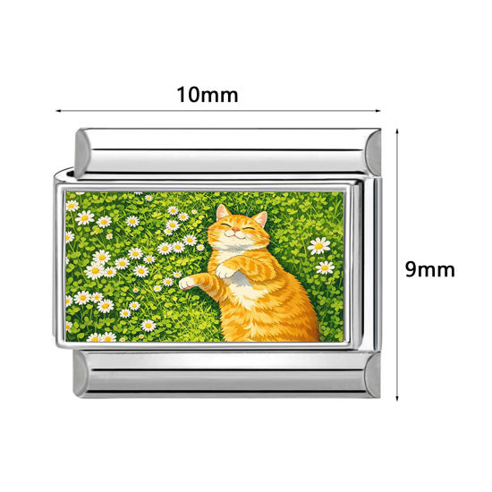 Picture of 304 Stainless Steel Italian Charm Links For DIY Modular Bracelet Watch Jewelry Making Wholesale Silver Tone Multicolor Rectangle Cat 10mm x 9mm