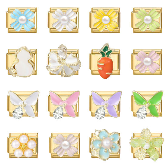 Imagen de 1 Unidad 304 Acero Inoxidable Exquisito Eslabones de Encanto Italianos para Hacer Pulseras Modulares Relojes y Joyas DIY Al Por Mayor Chapado en Oro Esmalte Rectángulo Flor 10mm x 9mm