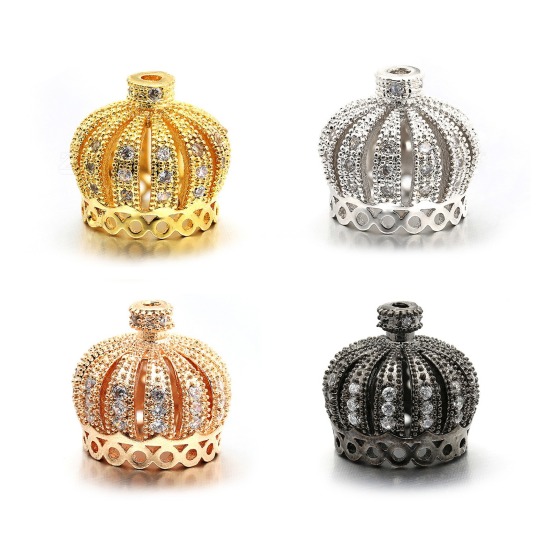 Picture of 1 Piece Eco-friendly Brass Tassel Beads Cap Crown Multicolor Micro Pave Clear Cubic Zirconia 14mm x 13mm