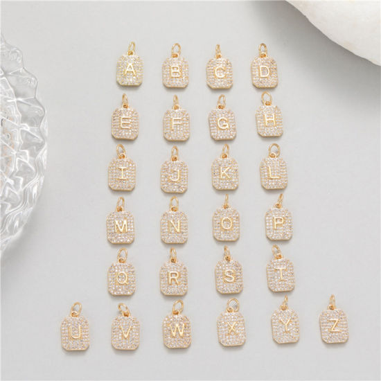 Picture of Brass Micro Pave Charms 14K Gold Plated Rectangle Capital Alphabet Initial Letter Clear Cubic Zirconia 17mm x 9mm