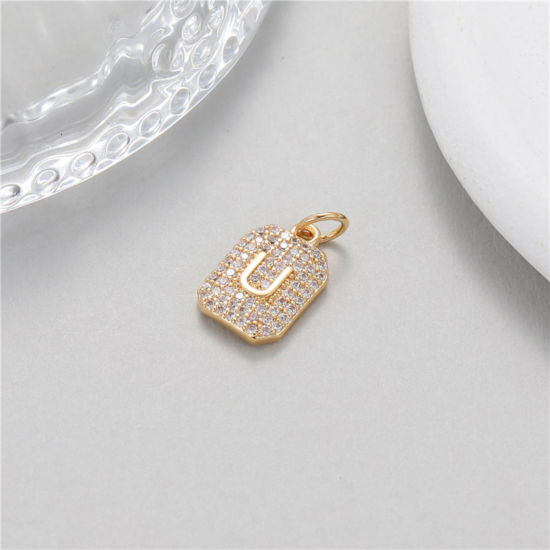 Picture of Brass Micro Pave Charms 14K Gold Plated Rectangle Capital Alphabet Initial Letter Clear Cubic Zirconia 17mm x 9mm