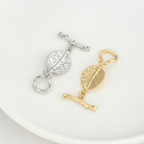 1 セット エコフレンドリー 真鍮 トグルクラスプ リアルゴールドメッキ 葉 3.5cm x 1.5cm、 の画像