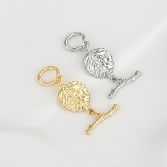 1 セット エコフレンドリー 真鍮 トグルクラスプ リアルゴールドメッキ 葉 3.5cm x 1.5cm、 の画像