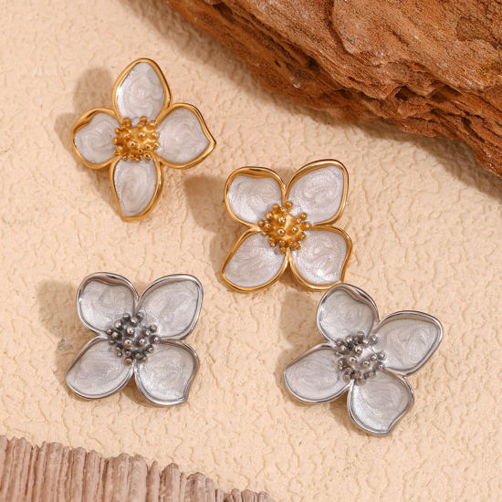 Picture of Stylish Ins Style Multicolor Stainless Steel Flower Enamel Ear Post Stud Earrings For Women 3.7cm x 3.4cm