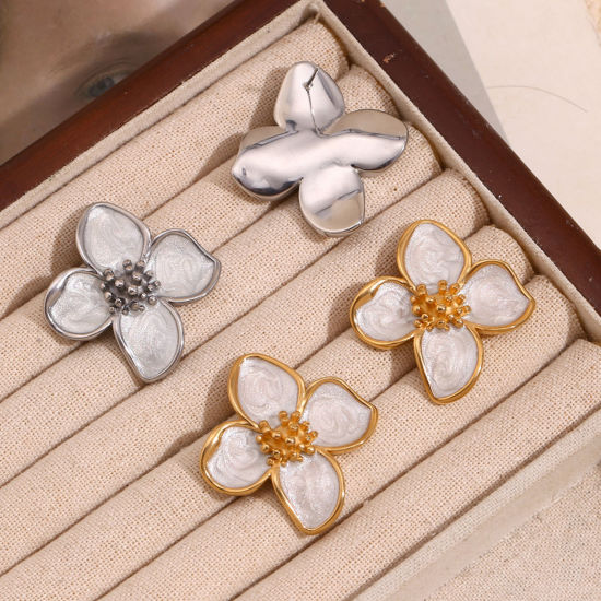 Picture of Stylish Ins Style Multicolor Stainless Steel Flower Enamel Ear Post Stud Earrings For Women 3.7cm x 3.4cm