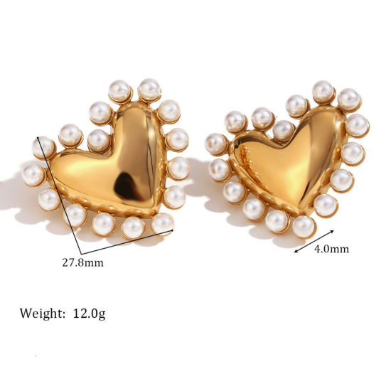 Изображение 1 Pair Stylish Ins Style Multicolor Stainless Steel Heart Imitation Pearl Ear Post Stud Earrings For Women 27.8mm