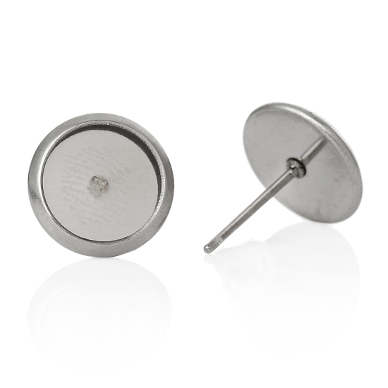 Picture of 304 Stainless Steel Ear Post Stud Earrings Silver Tone Cabochon Settings (Fit 8mm Dia.) 12mm( 4/8") x 10mm( 3/8"), Post/ Wire Size: (20 gauge), 30 PCs