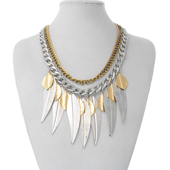 Picture of New Fashion Multilayer Bib Statement Necklace Curb Chain & Cup Chain Antique Silver & Light Golden Leaf Tassel Pendants Clear Rhinestone 49cm(19 2/8") long, 1 Piece
