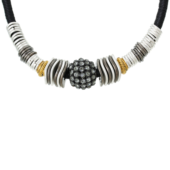Picture of New Fashion Statement Necklace Black & Gray Leatheroid Cord Clear Rhinestone Beads 56.5cm(22 2/8") long, 1 Piece