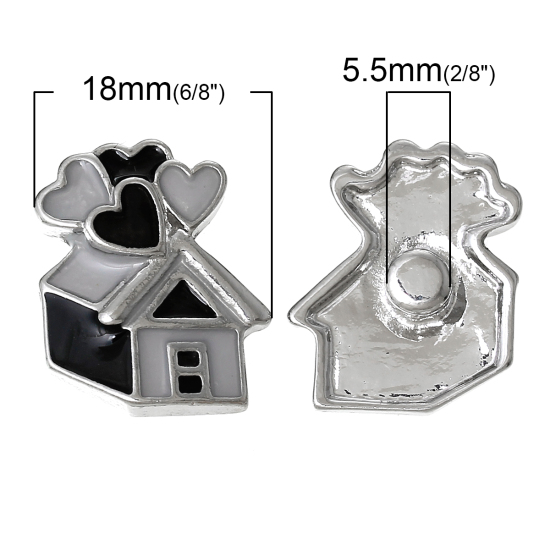 Picture of Zinc Metal Alloy Snap Buttons House Silver Tone Enamel Black & Gray Heart Carved Fit Snap Button Bracelets 21mm( 7/8") x 18mm( 6/8"), Knob Size: 5.5mm( 2/8"), 2 PCs