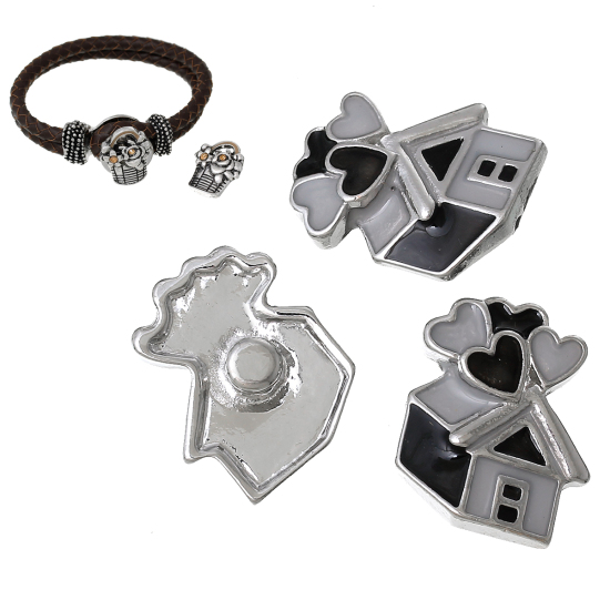 Picture of Zinc Metal Alloy Snap Buttons House Silver Tone Enamel Black & Gray Heart Carved Fit Snap Button Bracelets 21mm( 7/8") x 18mm( 6/8"), Knob Size: 5.5mm( 2/8"), 2 PCs