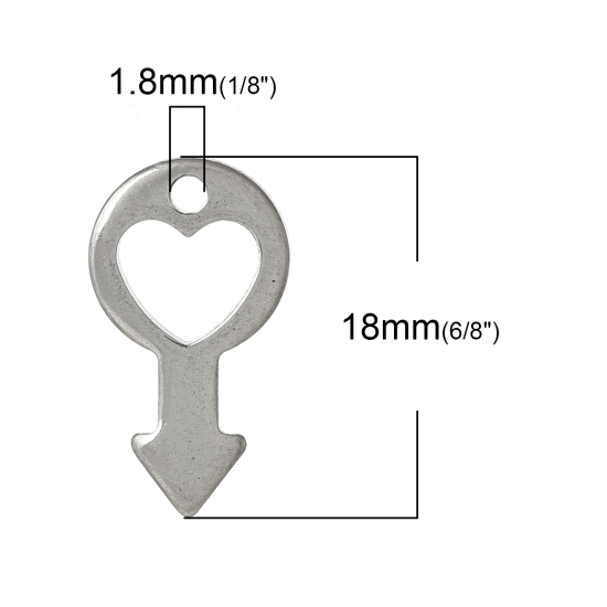 Image de Pendentif Estampe en Filigrane Creux en 304 Acier Inoxydable Signe d'Homme Argent Mat Cœur 18mm x 10mm, 10 Pcs