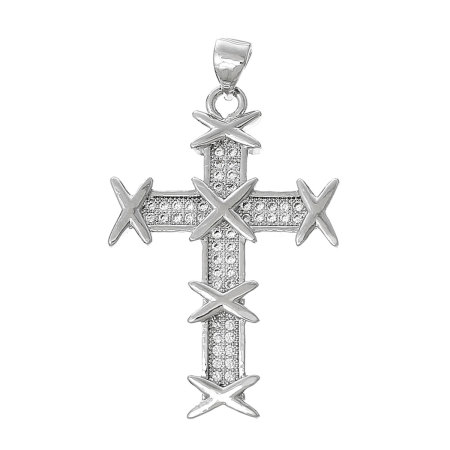 Image de Pendentif en Laiton Croix Argent à Zirconia Cubique Transparent 38mm x 22mm, 1 Pièce