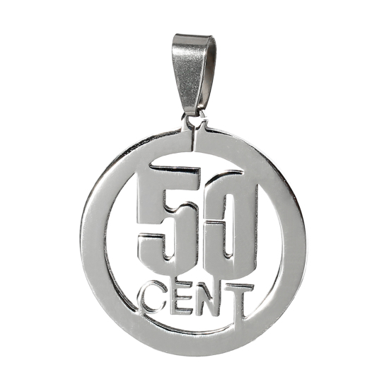 Изображение 304 Нержавеющая Сталь Подвески Круглые Серебряный Тон " 50 CENT "Резные Полый 42мм x 30мм, 2 ШТ