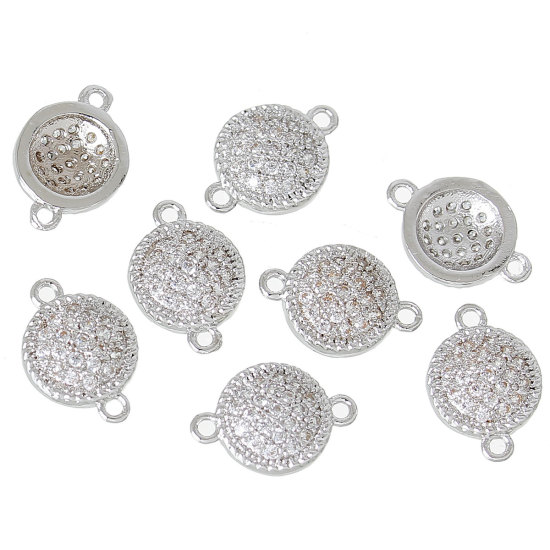 Picture of Brass Connectors Findings Round Platinum Plated Pave Clear Cubic Zirconia 11mm( 3/8") x 8mm( 3/8"), 1 Piece                                                                                                                                                   