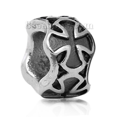 Bild von 1 Stück 304 Edelstahl Charm-Perlen mit großem Loch im europäischen Stil Zylinder Silberfarben Kreuz 11mm x 7mm, Loch: ca. 6.4mm