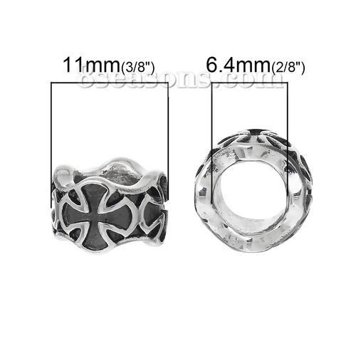 Bild von 1 Stück 304 Edelstahl Charm-Perlen mit großem Loch im europäischen Stil Zylinder Silberfarben Kreuz 11mm x 7mm, Loch: ca. 6.4mm
