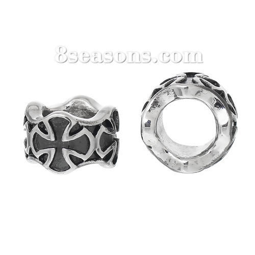 Bild von 1 Stück 304 Edelstahl Charm-Perlen mit großem Loch im europäischen Stil Zylinder Silberfarben Kreuz 11mm x 7mm, Loch: ca. 6.4mm