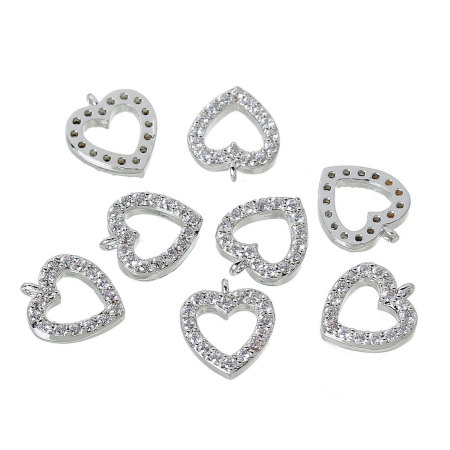 Image de Pendentif en Laiton Cœur Plaqué Platine à Zirconia Cubique Transparent 10mm x 9mm, 1 Pièce