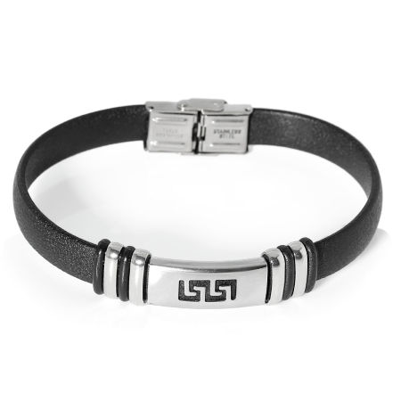 New Fashion Silicone Bracelets Black, 304 Stainless Steel Silver Tone Maze Carved 23.0cm(9"), 1 Piece