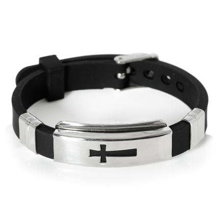 Picture of New Fashion Silicone Bracelets Black, 304 Stainless Steel Silver Tone 22.7cm(8 7/8