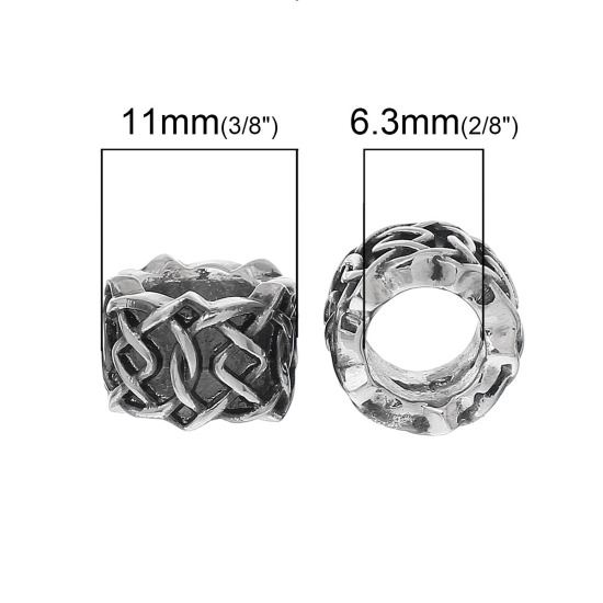 304 Stainless Steel European Style Large Hole Charm Beads Cylinder Silver Tone Lattice Carved About 11mm( 3/8") x 8mm( 3/8"), Hole: Approx 6.3mm, 1 PCs の画像