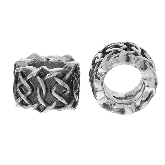 304 Stainless Steel European Style Large Hole Charm Beads Cylinder Silver Tone Lattice Carved About 11mm( 3/8") x 8mm( 3/8"), Hole: Approx 6.3mm, 1 PCs の画像