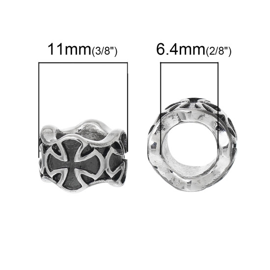 304 Stainless Steel European Style Large Hole Charm Beads Cylinder Silver Tone Cross Carved About 11mm( 3/8") x 7mm( 2/8"), Hole: Approx 6.4mm, 1 PCs の画像