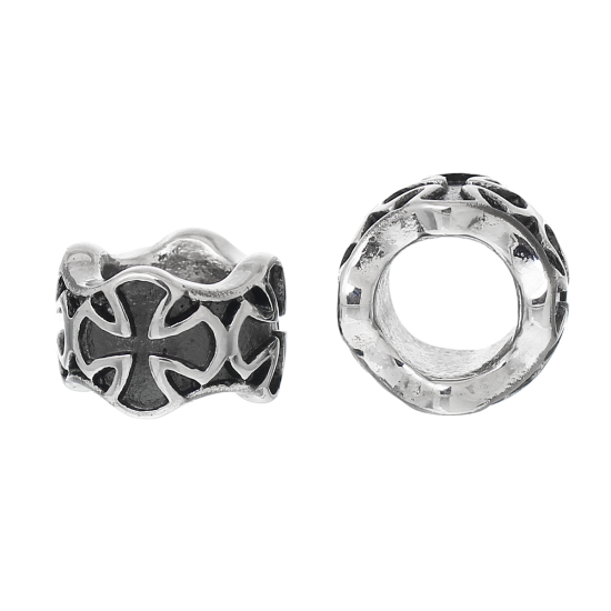 Picture of 304 Stainless Steel European Style Large Hole Charm Beads Cylinder Silver Tone Cross Carved About 11mm( 3/8") x 7mm( 2/8"), Hole: Approx 6.4mm, 1 PCs