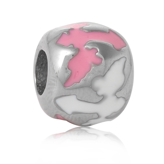 304 Stainless Steel European Style Large Hole Charm Beads Drum Silver Tone Arrow With Wings Carved White & Pink Enamel About 11mm( 3/8") x 10mm( 3/8"), Hole: Approx 4.9mm, 1 PCs の画像