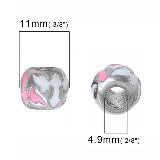 Bild von 304 Edelstahl European Stil Charm Großlochperlen Trommel Silberfarben Richtungspfeil Geschnitzt Weiß & Rosa Emaille etwa 11mm x 10mm, Loch:Ca. 4.9mm, 1 Stück