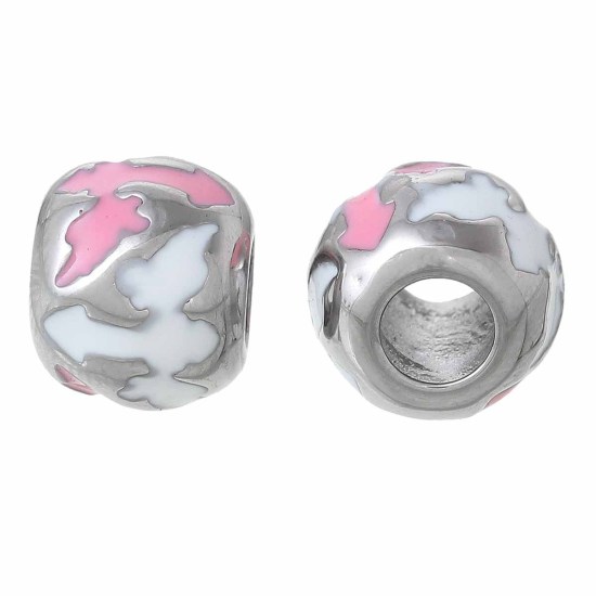 304 Stainless Steel European Style Large Hole Charm Beads Drum Silver Tone Arrow With Wings Carved White & Pink Enamel About 11mm( 3/8") x 10mm( 3/8"), Hole: Approx 4.9mm, 1 PCs の画像