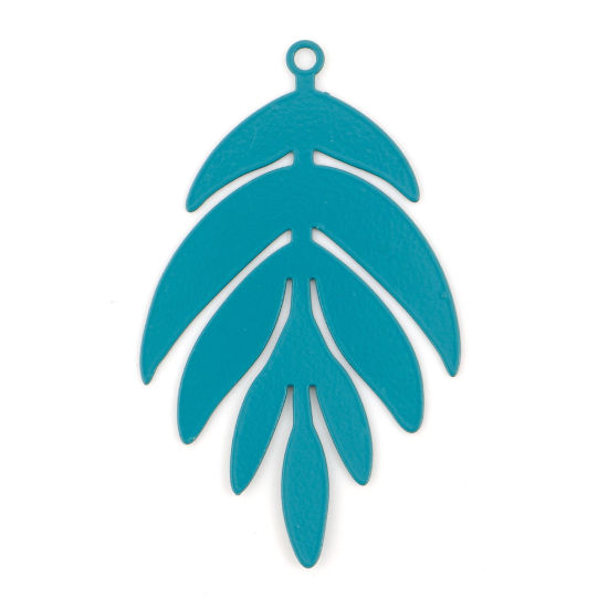 Bild von Eisenlegierung Filigran Stempel Verzierung Anhänger Blätter Pfau Grün Spritzlackierung 4cm x 2.4cm, 200 Stück