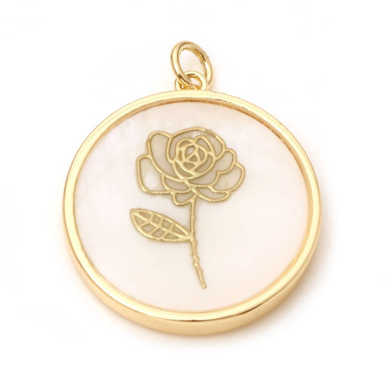 Bild von 10 Stück Natürliche Muschel & Messing Geburtsmonat Blume Charms Echtgold plattiert Weiß Rund Rose 28mm x 22mm