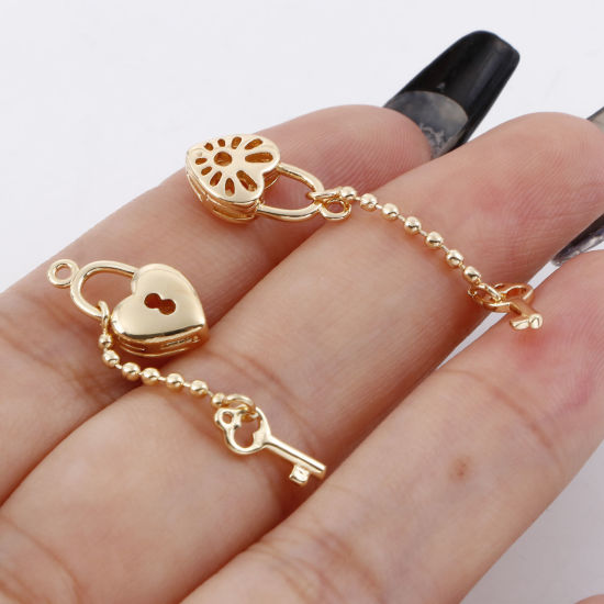 Picture of Brass Valentine's Day Charms Real Gold Plated Heart Lock Key 29mm x 7.5mm, 50 PCs