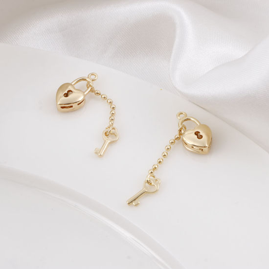 Picture of Brass Valentine's Day Charms Real Gold Plated Heart Lock Key 29mm x 7.5mm, 50 PCs