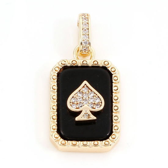 Imagen de 10 Unidades Latón Poker Colgantes Charms Octágono 18K Oro Real Chapado Negro Espadas Micro Pave Claro Circón Artificial 26mm x 13mm
