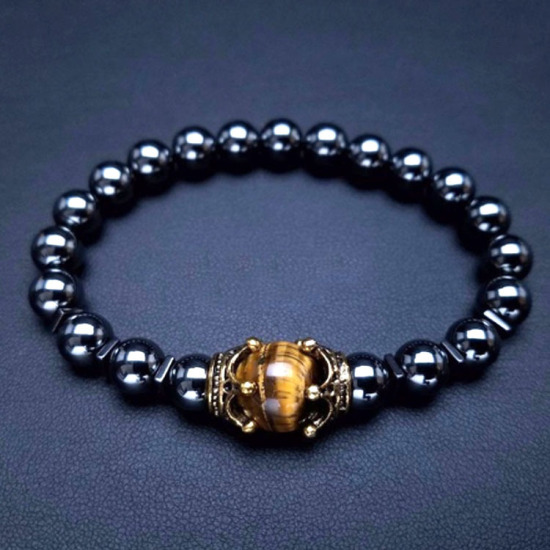 Picture of Stainless Steel Natural Hematite Plating Dainty Bracelets Delicate Bracelets Beaded Bracelet Black Gold Tone Antique Gold Round Crown 1 Piece