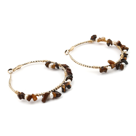 Picture of Pearl & Copper ( Natural ) Hoop Earrings Gold Plated Brown Round 6.5cm Dia., 1 Pair